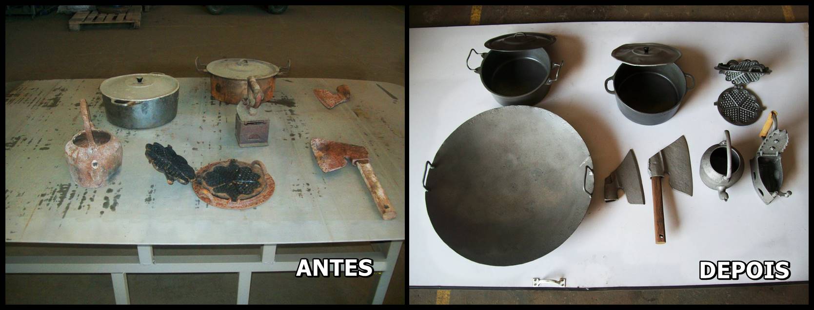 Trabalho de jateamento antes e depois