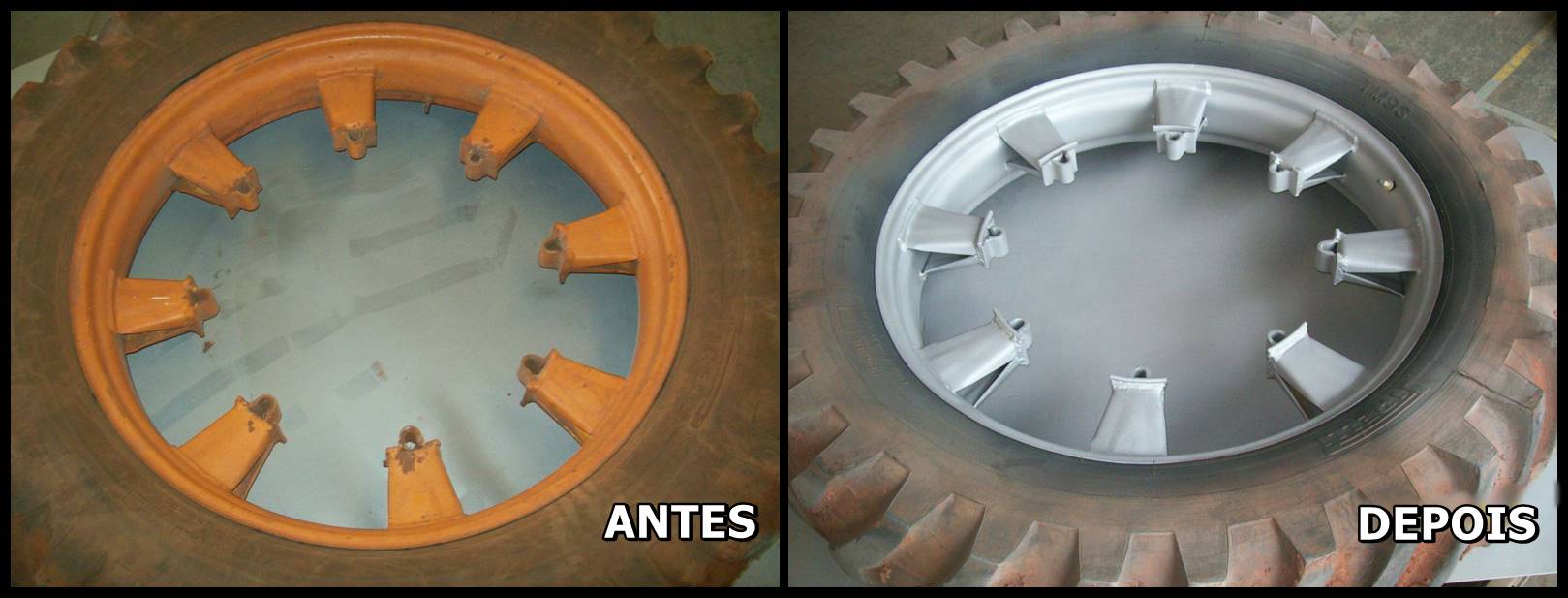 Trabalho de jateamento antes e depois