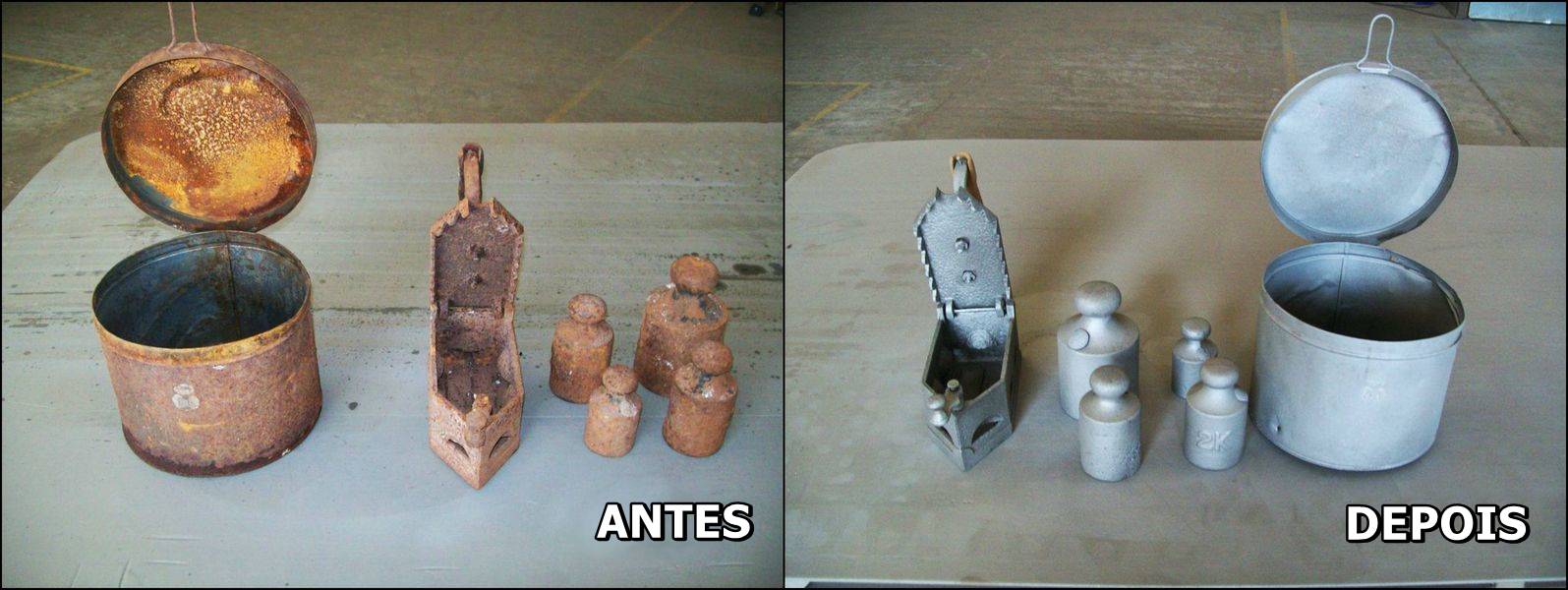 Trabalho de jateamento antes e depois